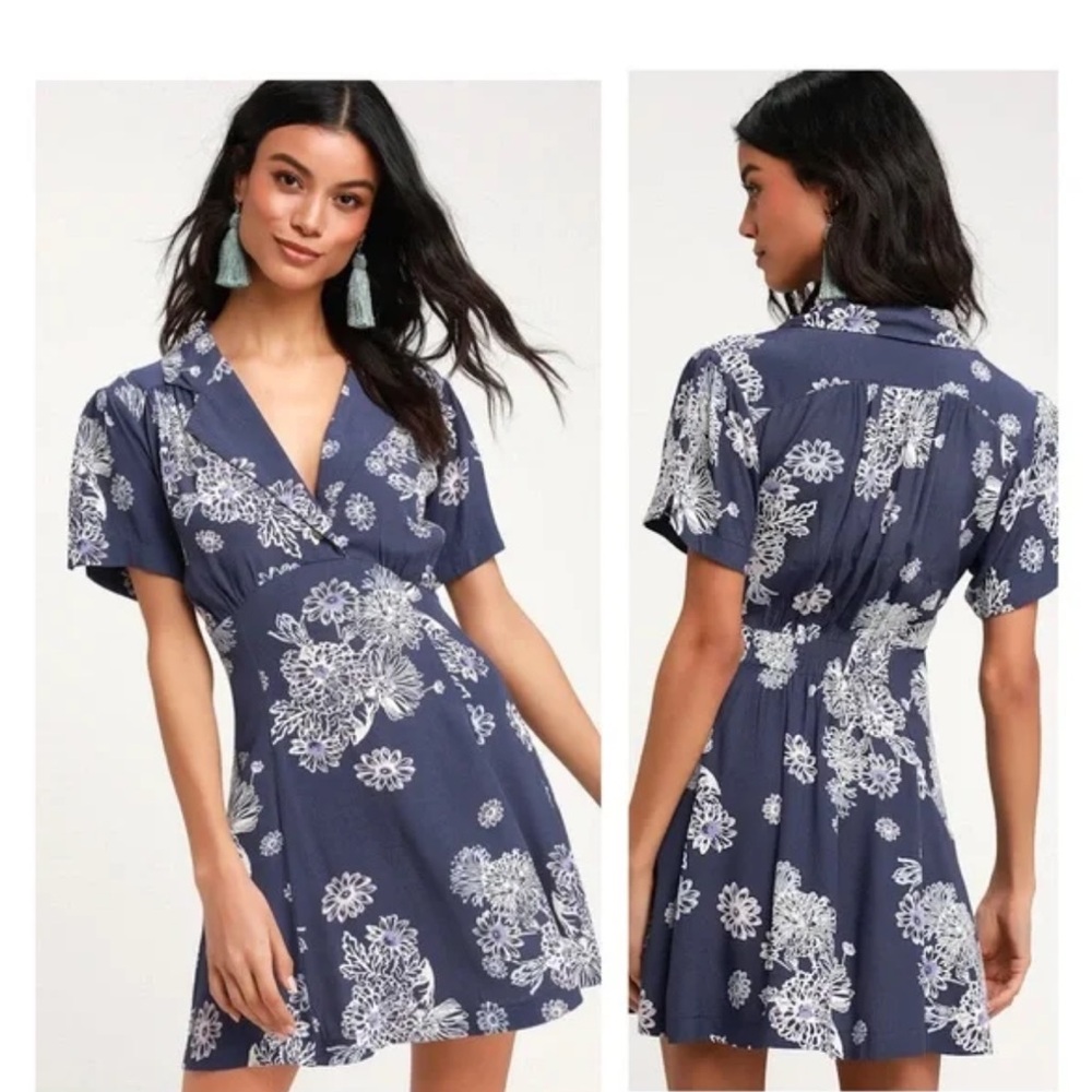 NWT Free People Blue Hawaii Floral Print Short Sleeve Mini Dress Women’s XS